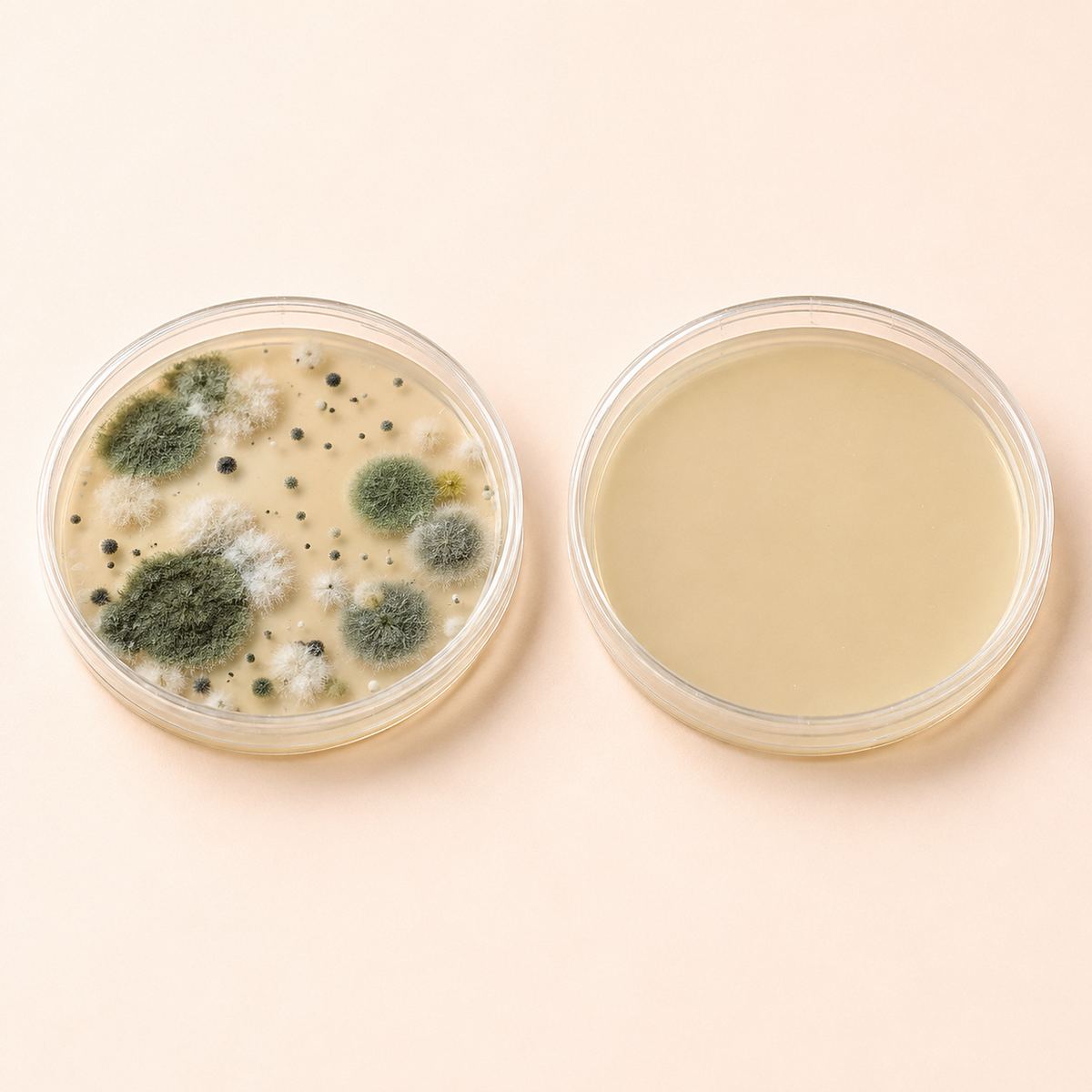 A plate with mold growth next to a clean plate