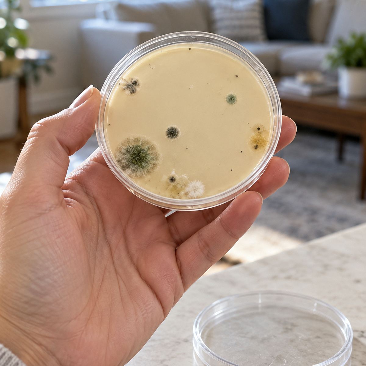 A hand holding a KlearMold plate with mold colonies