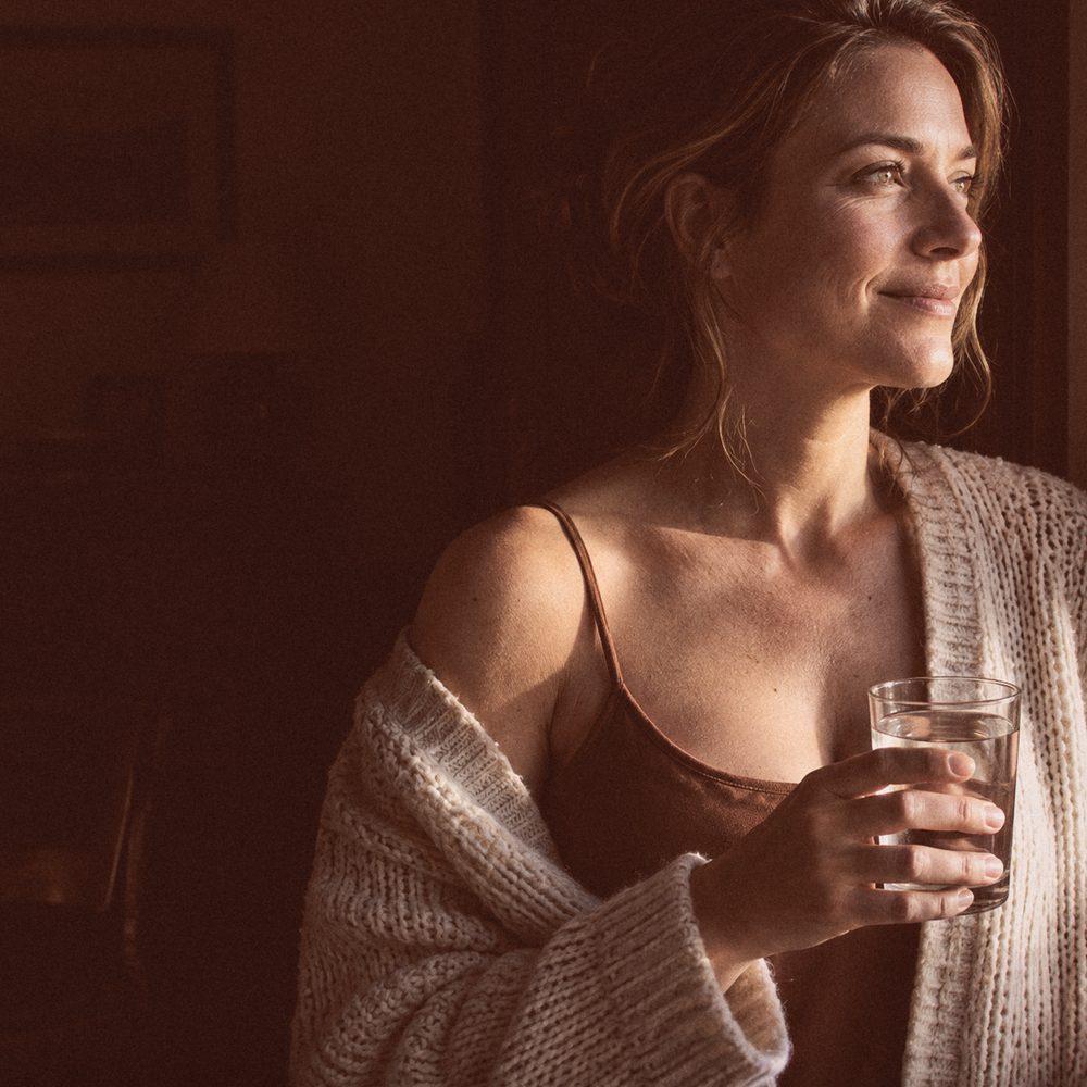 Woman in a knit cardigan holding a glass of water by a window