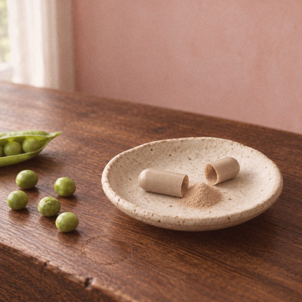 Opened capsule and its powder on a speckled clay dish, green peas beside it