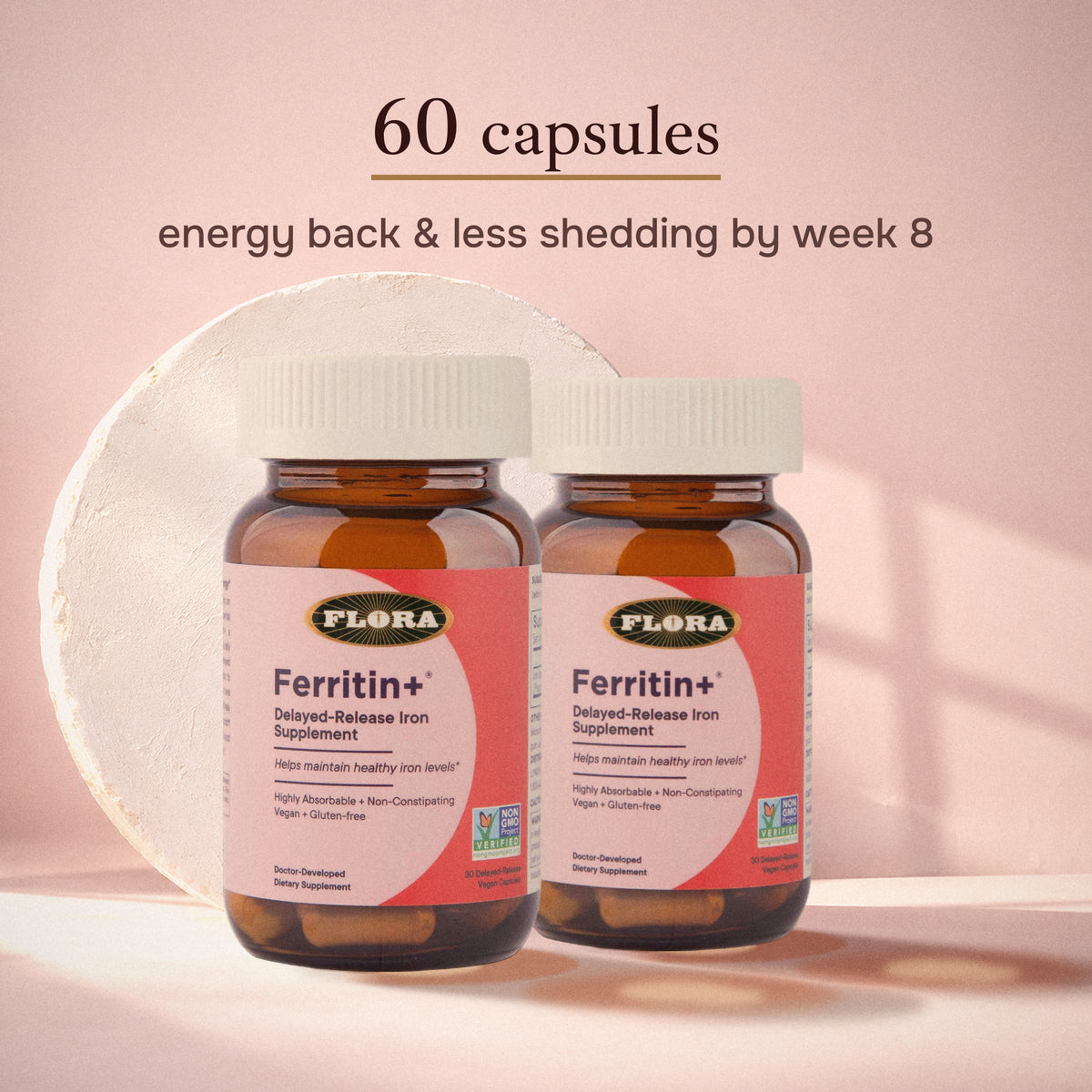 Two bottles of Ferritin+ (60 capsules): energy back and less shedding by week 8