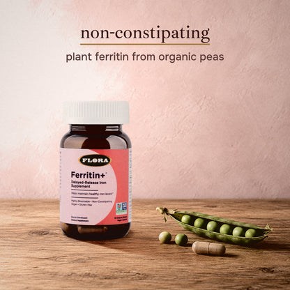Ferritin+ capsule next to organic peas: non-constipating plant ferritin from organic peas