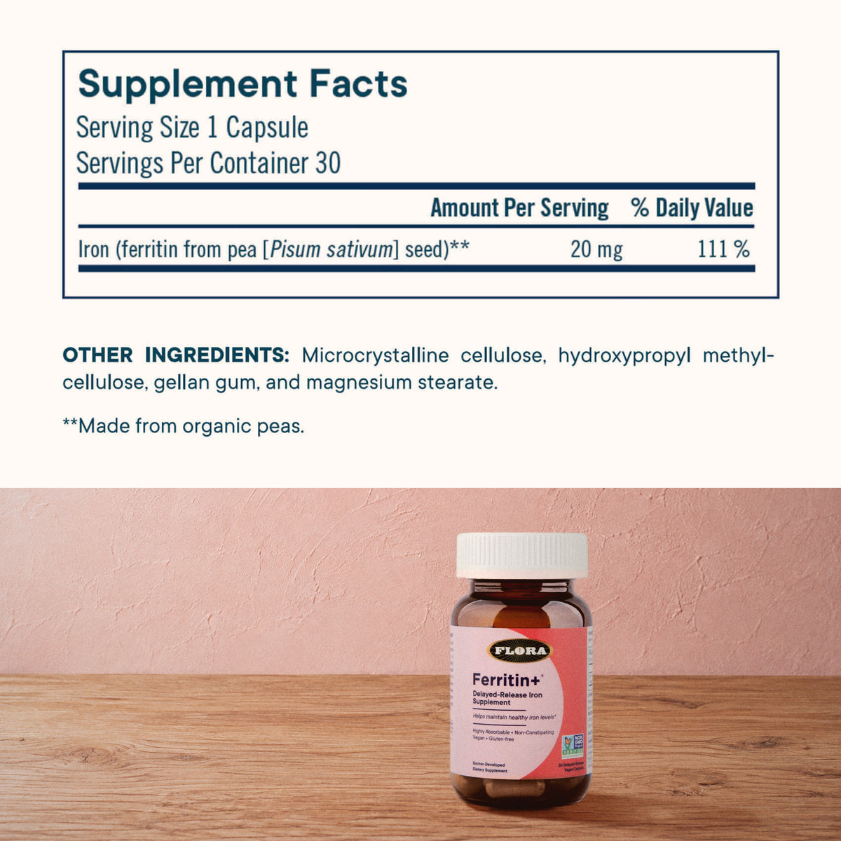 Ferritin+ supplement facts: serving size 1 capsule, 30 servings per container, iron from ferritin from pea (Pisum sativum) seed, 20 mg, 111% daily value, made from organic peas, with the bottle on a wooden table