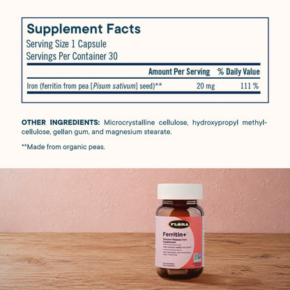 Ferritin+ supplement facts: serving size 1 capsule, 30 servings per container, iron from ferritin from pea (Pisum sativum) seed, 20 mg, 111% daily value, made from organic peas, with the bottle on a wooden table