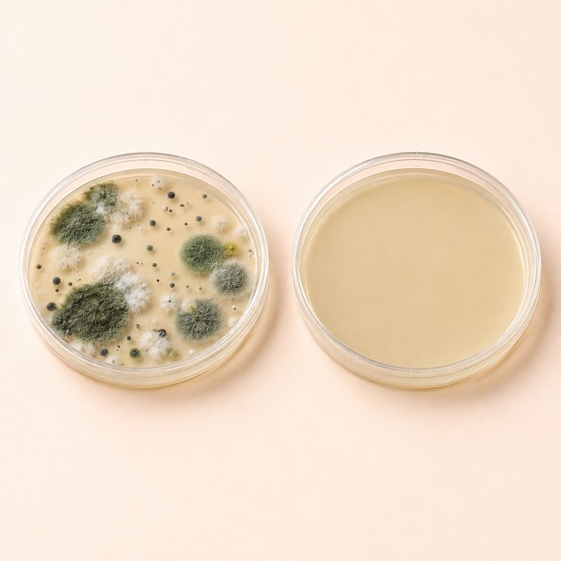 A plate with mold growth next to a clean plate