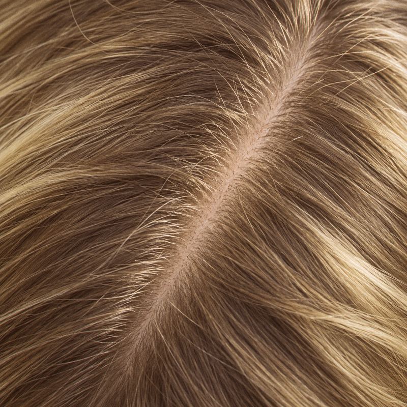 Close-up of a center part with fine new baby hairs growing along it