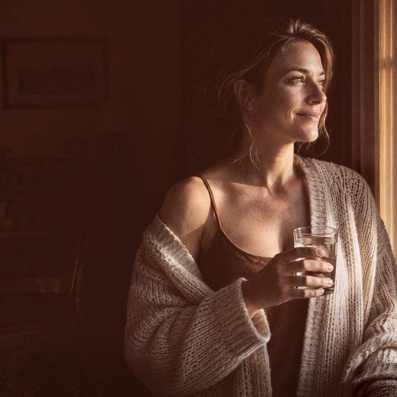 A woman in a knit cardigan at a bright window in the afternoon, bright-eyed and smiling, holding a glass of water