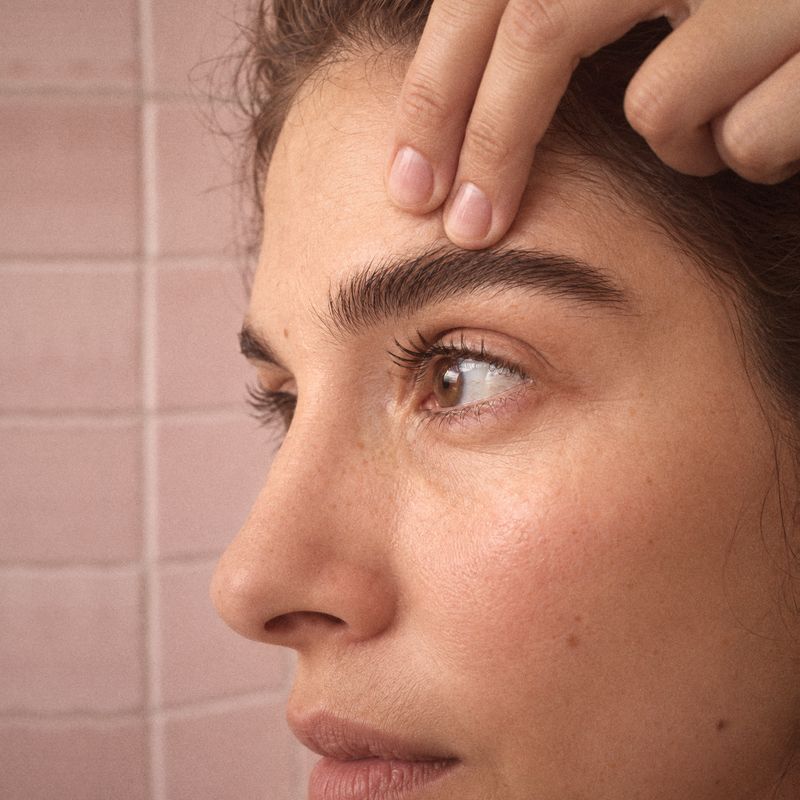Profile of a woman with a full, natural brow and long lashes, her short, smooth nails resting on her brow
