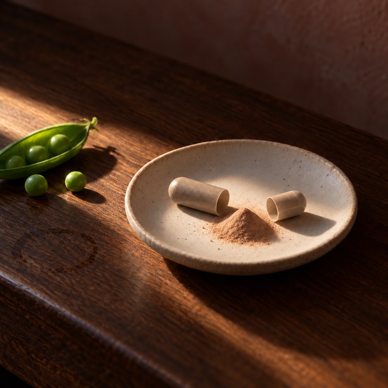 An opened Ferritin+ capsule on a stoneware saucer with its plant ferritin powder, next to fresh peas and an open pod