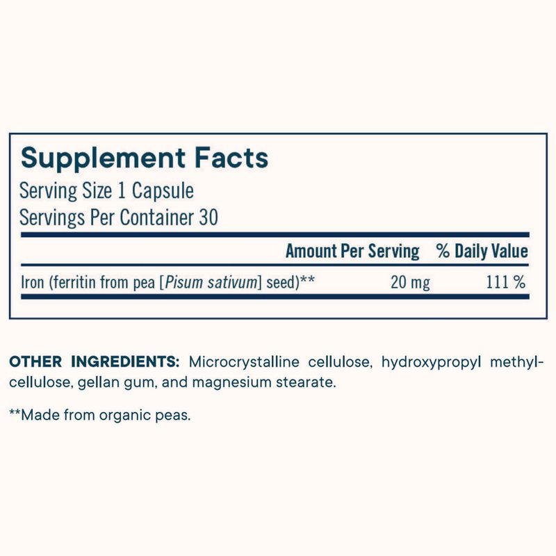 Ferritin+ supplement facts: serving size 1 capsule, 30 servings per container, iron from ferritin from pea (Pisum sativum) seed, 20 mg, 111% daily value. Other ingredients: microcrystalline cellulose, hydroxypropyl methylcellulose, gellan gum, and magnesium stearate. Made from organic peas.